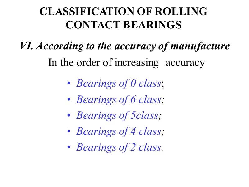 CLASSIFICATION OF ROLLING CONTACT BEARINGS Bearings of 0 class; Bearings of 6 class; Bearings